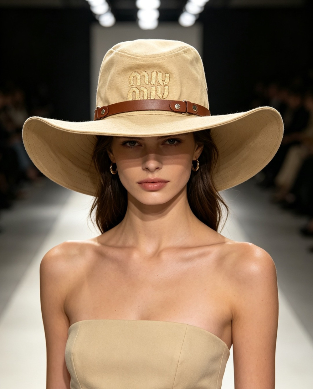 Miu Miu Canvas Safari Sun Hat, Beige Wide Brim Hat With Embroidered Logo